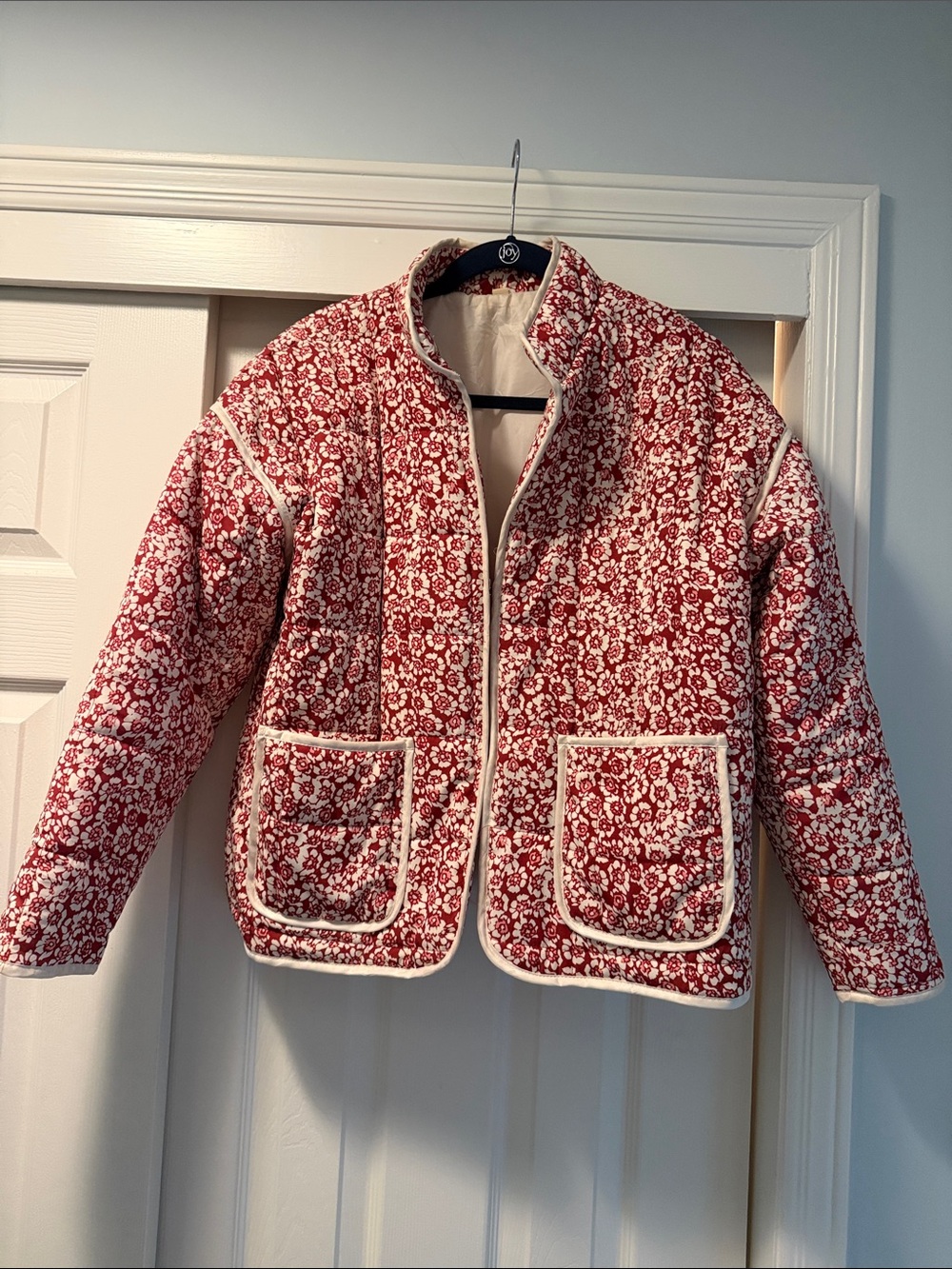 Red And Pink Floral Quilted Jacket with Contrast Trim